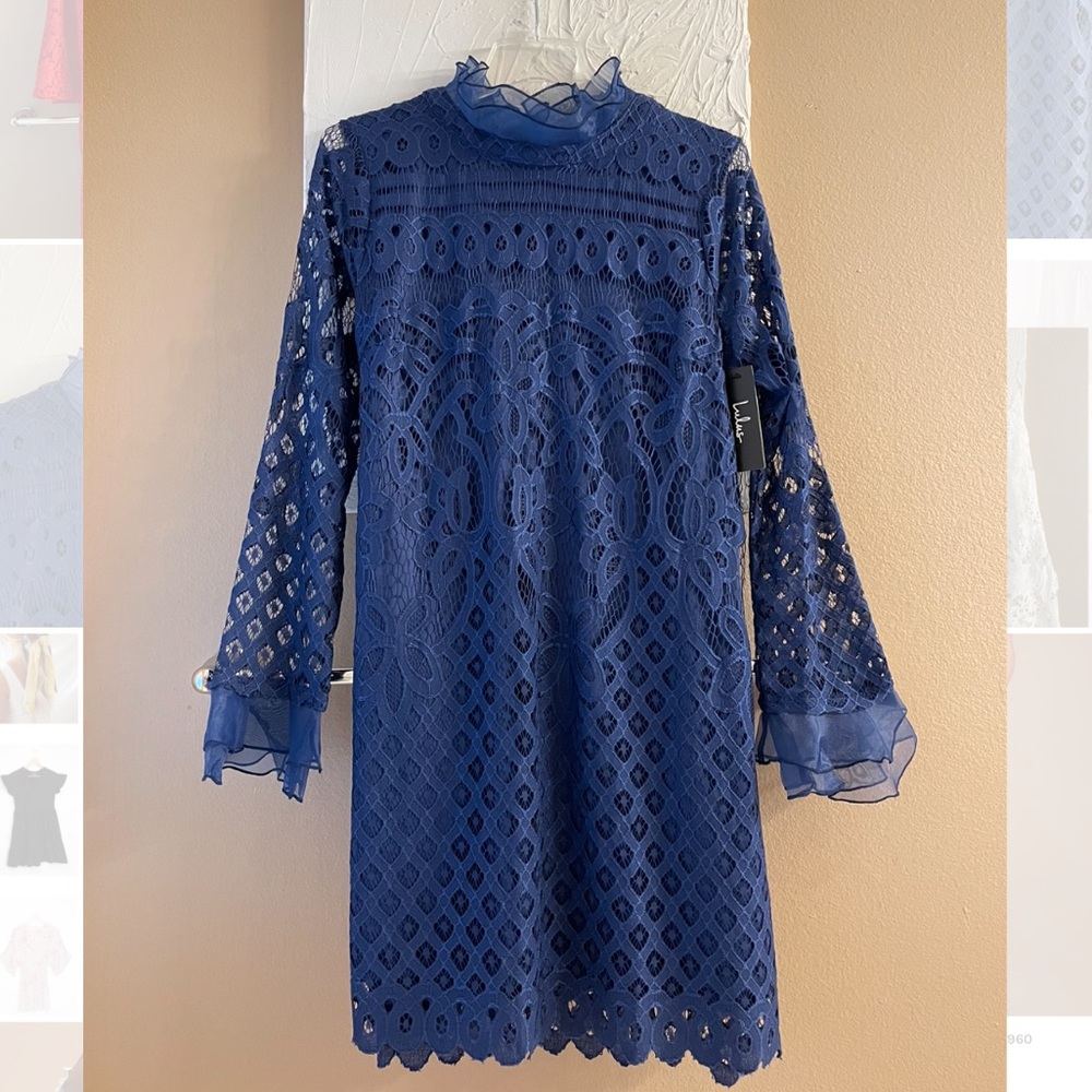 Long sleeve navy blue shift dress